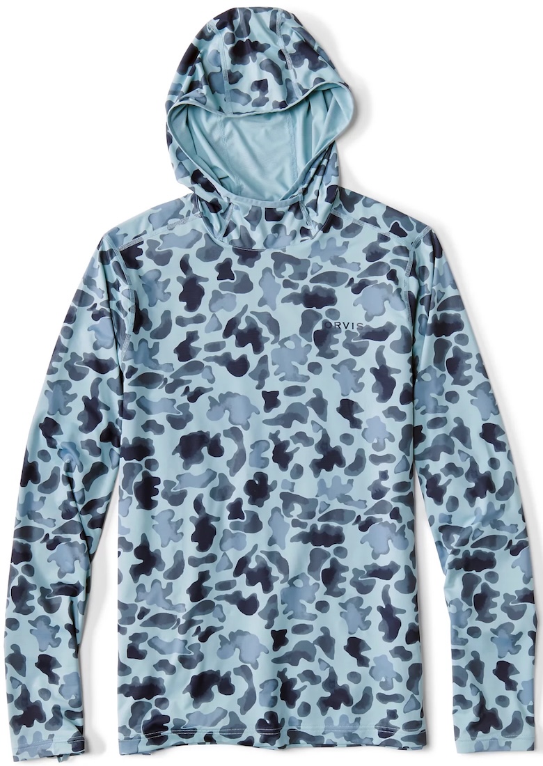 Orvis Sun Defense Printed Hoodie Sunshirt UPF 50+ blue watercolor camo