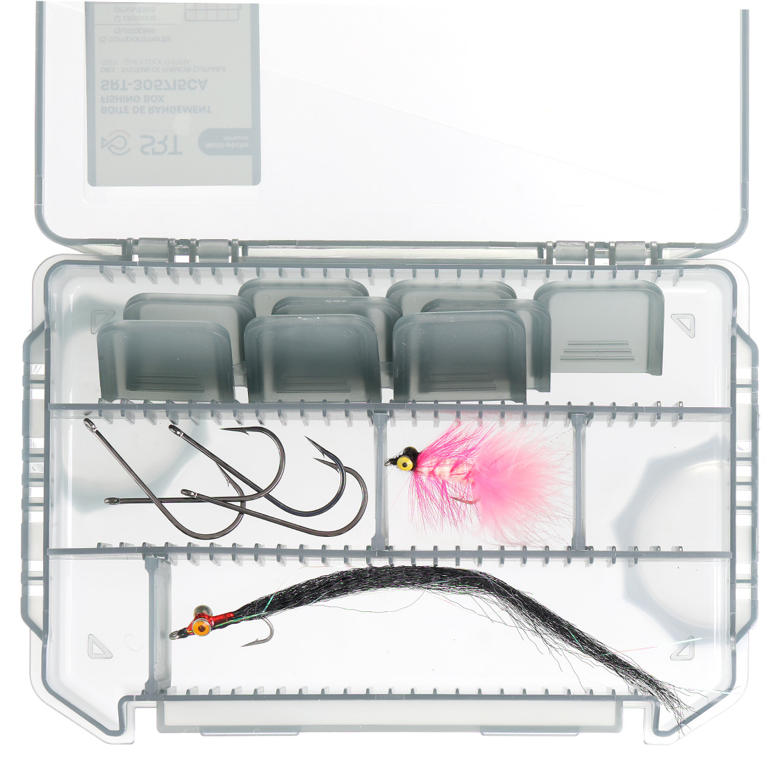P-27519_Fliegenbox-je-Seite-6-Facher-14-x-10-4-x-3-4-cm_detail-1 Fly box, lure box and small parts box 15 compartments, 12 dividers 20.5 x 14.5 x 4.0 cm