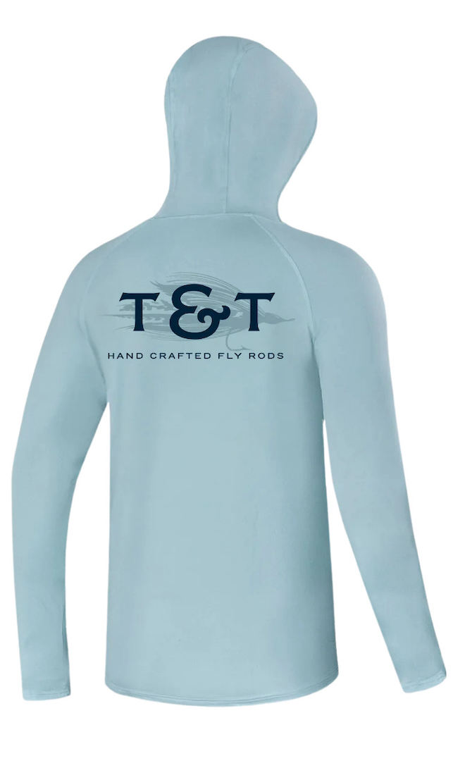 Thomas & Thomas Sky Blue Tech Hoodie with T&T Monogram on Back – UPF 30+ Sun Protection