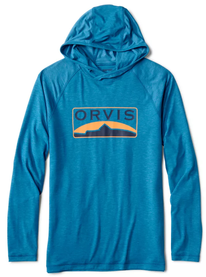 P-27337_Orvis_Dricast_Sunshirt_Hoodie_Pacific_Blue_ Orvis Dricast Logo Hoodie Sunshirt UPF 50+ sun protection shirt pacific blue