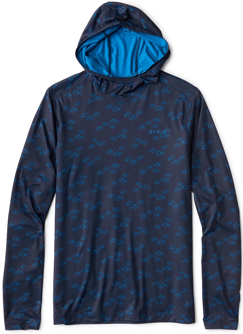 Orvis Sun Defense Printed Hoodie Sunshirt UPF 50+ true navy permit