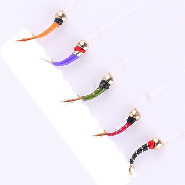 Coregone 5-hook leader barbless gold head nymph set Coregone 5-hook Barbless leader gold head nymph set