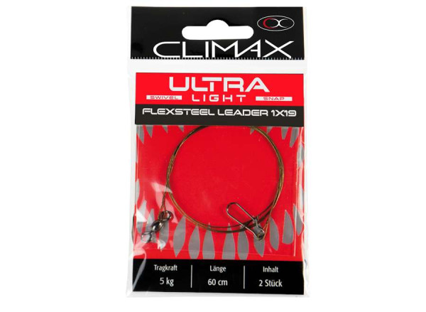 Climax Ultra Light 1x19 Steel Leader 5 kg 30 cm 2er Pack Climax Ultra Light 1x19 Steel Leader 5 kg 30 cm 2er Pack (Picture showst 30 cm version)