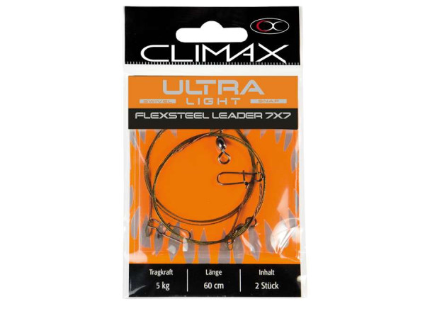 Climax Ultra Light 7x7 V2A Steel Leader 5 kg 30 cm 2er Pack Climax Ultra Light 7x7 V2A Stahldraht Stahlvorfach 5 kg 30 cm 2er Pack (Image showst 60 cm version)